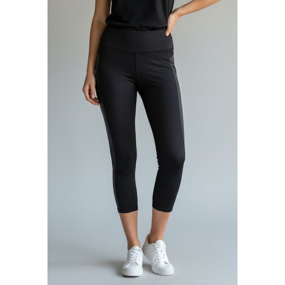 Victoria Sport Knockout By Victorias Secret Crop Leggings Black W/ Satin Panels